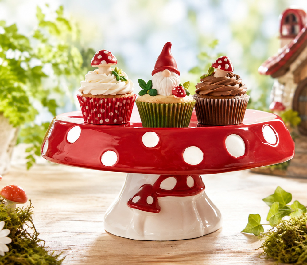 Seeds & Sunshine Toadstool Mushroom Cake Stand Red White Cottagecore Woodland